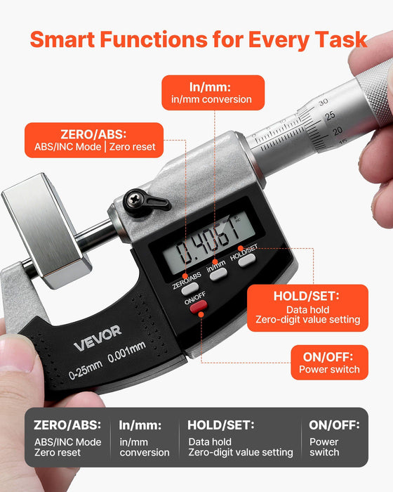 Micrometer Set, Digital Outside Micrometer 0-25.4 mm Measuring Range, 0.001 mm Resolution, Ultra-Precision Accuracy, LCD Screen, in/mm Switch, Carbide Tip, with Protective Case