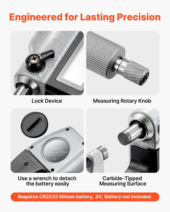 Micrometer Set, Digital Outside Micrometer 0-25.4 mm Measuring Range, 0.001 mm Resolution, Ultra-Precision Accuracy, LCD Screen, in/mm Switch, Carbide Tip, with Protective Case