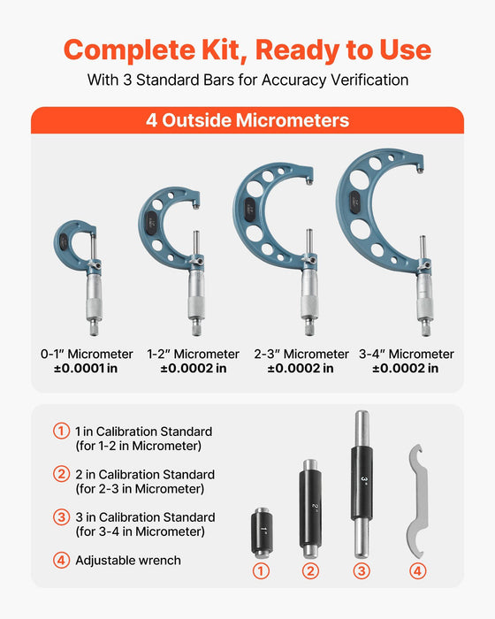 4 PCS Micrometer Set, 0–1/1–2/2–3/3–4 in Machinist Outside Micrometer, Ultra-Precision Accuracy, Professional Machinist Tools with Protective Case, for Metalworking & Engineering