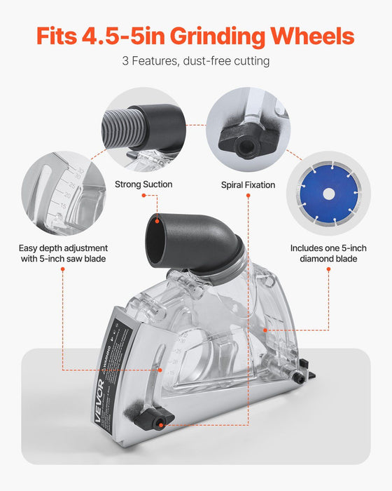 Cutting Dust Shroud for Angle Grinders, 100-125 mm Angle Grinder Dust Shroud with 6 Clamping Washers & 125 mm Diamond Grinding Cup Wheel, Adjustable Cutting Depth, Connect to Vacuum Cleaner