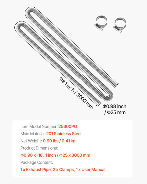 Exhaust Hose, 3000mm Stainless Steel Exhausts Hose, Diesel Heater Flexible Exhaust Pipe with 2 Hose Clamps, Exhausts Hoses Kit Diesel Heater Accessories for 2KW 5KW 8KW Diesels Heaters