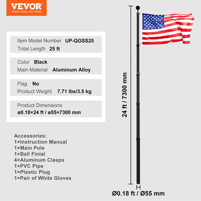 VEVOR 25FT Telescopic Flagpole Kit, Heavy Duty Aluminum Alloy Flag Pole Kit in Ground for Outside, 3 Display Modes Flagpole with Professional Accessories, Black