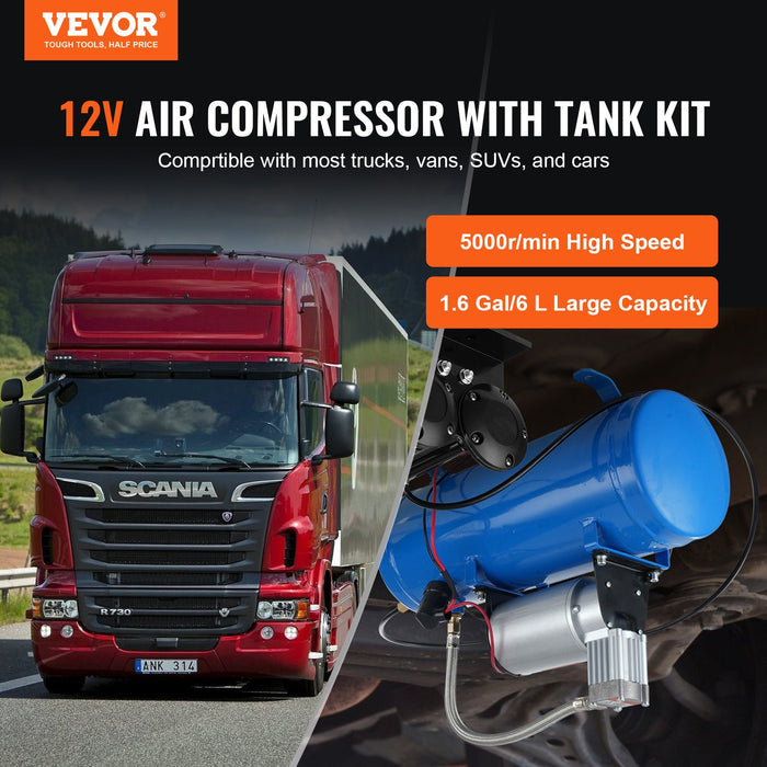 VEVOR 12V Air Compressor with Tank 1.6 Gallon/6 L, Train Horn Air Compressor, 120 psi Working Pressure Onboard Air Compressor System for Train Air Horns, Inflating Tires, Air Mattresses