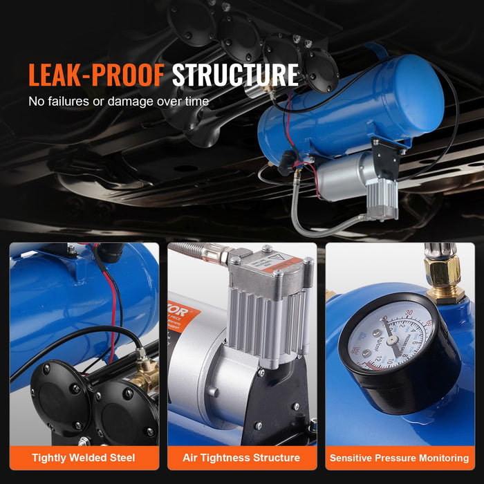 VEVOR 12V Air Compressor with Tank 1.6 Gallon/6 L, Train Horn Air Compressor, 120 psi Working Pressure Onboard Air Compressor System for Train Air Horns, Inflating Tires, Air Mattresses