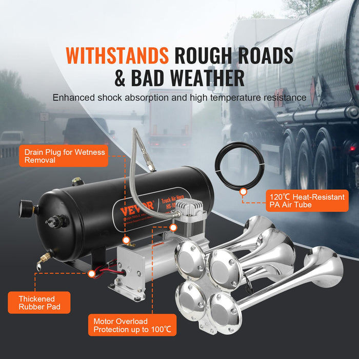 VEVOR Train Horns Kit, 4 Trumpet Air Horn Kit, 150dB Train Horns for Pickup Trucks, 12V 160 psi Air Compressor 2.6 Gal/10 L Tank with Gauge for Any 12V Vehicle Car Truck Train Van Boat