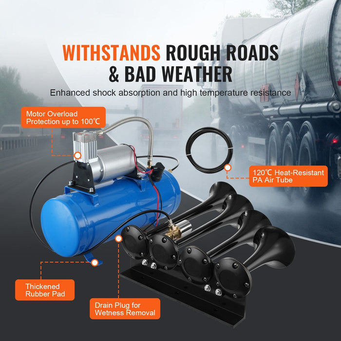 Train Horns Kit, 4 Trumpet Air Horn Kit, 150dB Train Horns for Pickup Trucks, 12V 120 psi Air Compressor 1.6 Gal/6 L Tank with Gauge for Any 12V Vehicle Car Truck Train Van Boat