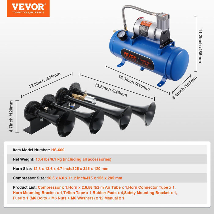 Train Horns Kit, 4 Trumpet Air Horn Kit, 150dB Train Horns for Pickup Trucks, 12V 120 psi Air Compressor 1.6 Gal/6 L Tank with Gauge for Any 12V Vehicle Car Truck Train Van Boat