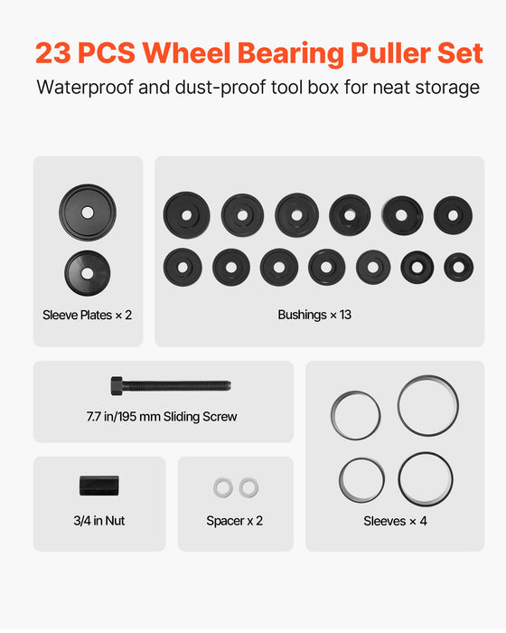 VEVOR Wheel Bearing Press Kit, 23 PCS FWD Bearing Puller Tools, for Front Wheel Drive Bearing Removal and Installation, Wheel Bearing Tool with Sliding Screw, Bushings, Sleeve Plates, Storage Case
