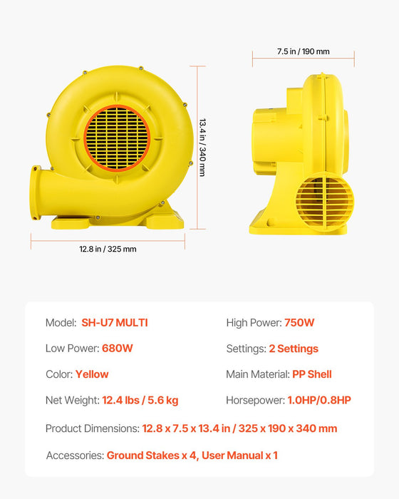 VEVOR Inflatable Bounce House Blower 0.8&1HP 750W for Commercial Bounce House