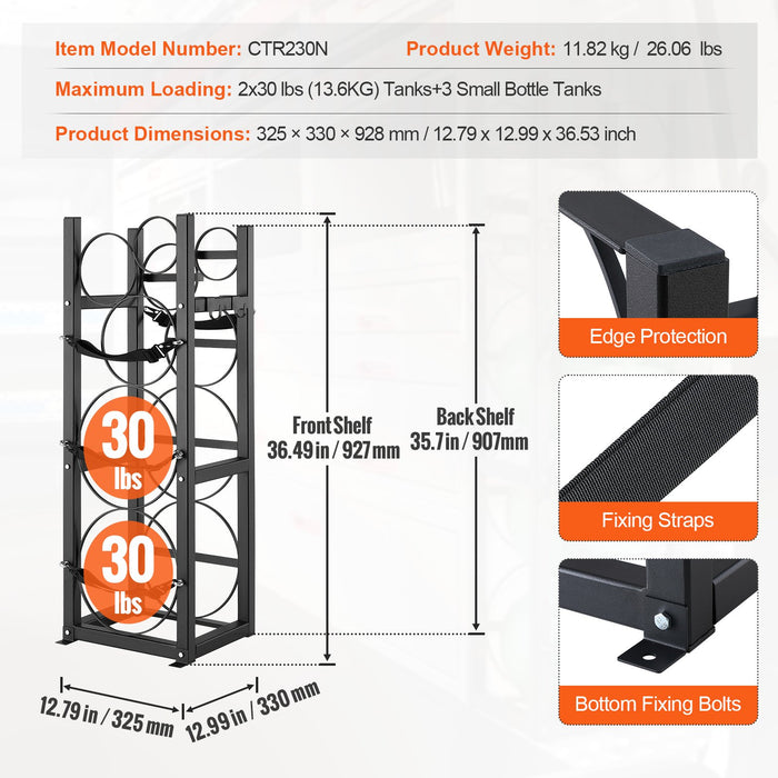 VEVOR Refrigerant Tank Rack, with 2 x 30lbs and Other 3 Small Bottle Tanks, Cylinder Tank Rack 12.79x12.99x47.12 in, Refrigerant Cylinder Rack and Holders for Freon, Gases, Oxygen, Nitrogen