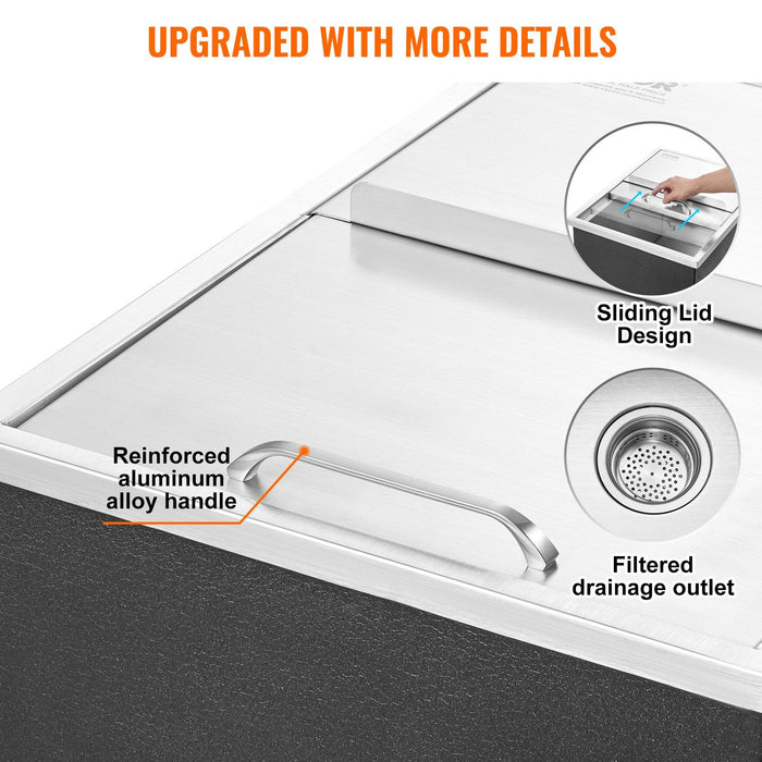 Drop in Ice Chest, 24"L x 18"W x 13"H Stainless Steel Ice Cooler, Commercial Ice Bin with Sliding Cover, 40.9 qt Outdoor Kitchen Ice Bar, Drain-pipe and Drain Plug Included, for Cold Wine Beer