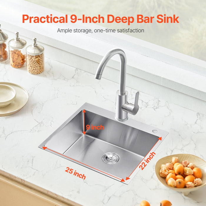 25 inch Kitchen Sink Workstation, 304 Stainless Steel Top Mount Sinks, Drop-In Single Bowl Farmhouse Basin with Accessories, Household Dishwasher Sinks for RV, Prep Kitchen, Laundry Room, Bar