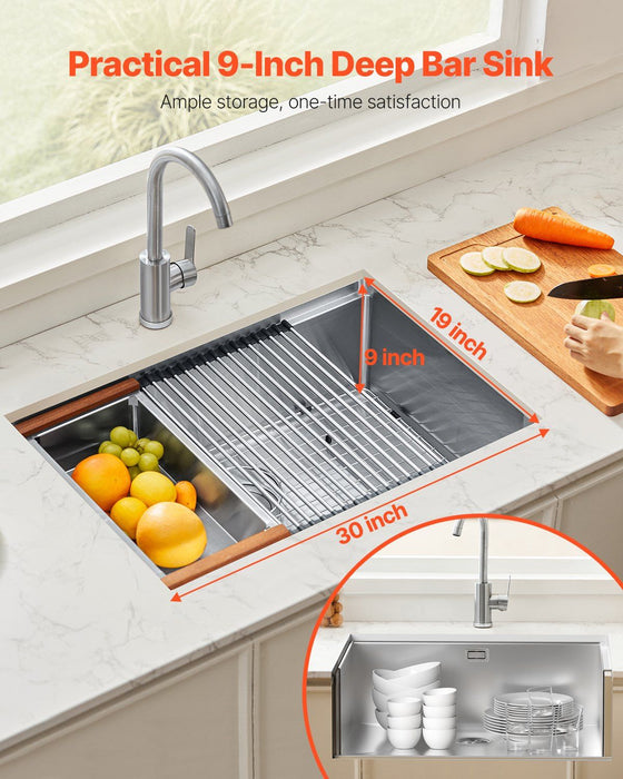 30 inch Kitchen Sink Workstation, 304 Stainless Steel Undermount Sink, Drop-In Single Bowl Farmhouse Basin with Ledge & Multiple Accessories, Household Dishwasher Sinks for RV, Prep Kitchen, Bar