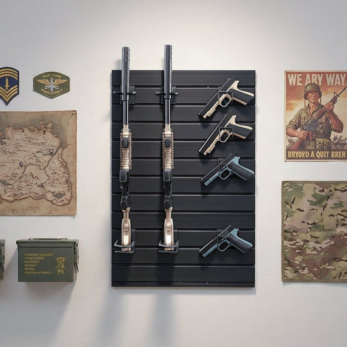 Gun Rack, Wall Mount, Tactical Rifle Shotgun Handgun Storage, Heavy-Duty PVC Panels & Steel Wall Racks, Securely Holds up to 2 Rifles & 4 Pistols, Modular Firearms Gun Gear Accessories Organizer