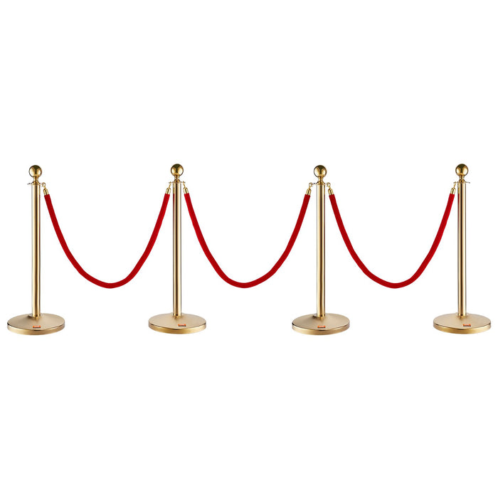 VEVOR Stanchion Post with Velvet Rope, 4-Pack Crowd Control Stanchion with 3PCS 5FT Red Velvet Ropes, Stainless Steel Queue Barrier Line Divider with Fillable Base & Ball Top for Wedding Museum Party