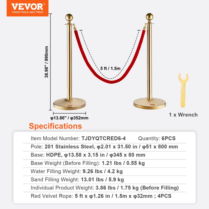 VEVOR Stanchion Post with Velvet Rope, 6-Pack Crowd Control Stanchion with 4PCS 5FT Red Velvet Ropes, Stainless Steel Queue Barrier Line Divider with Fillable Base & Ball Top for Wedding Museum Party
