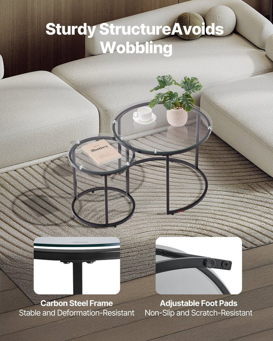Nesting Coffee Table Set of 2, 600 mm Round Coffee Table, Glass Nesting Tables for Small Place, Modern End Side Tables Night Stand with Metal Frame, for Living Room, Bedroom, Balcony, Office