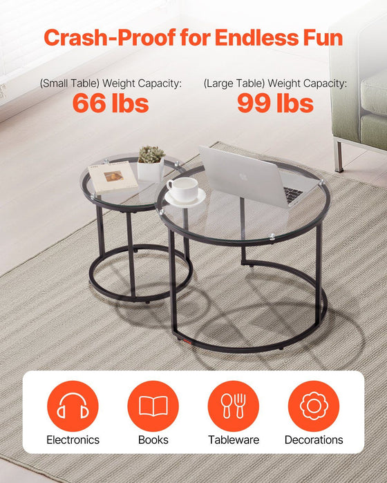 Nesting Coffee Table Set of 2, 600 mm Round Coffee Table, Glass Nesting Tables for Small Place, Modern End Side Tables Night Stand with Metal Frame, for Living Room, Bedroom, Balcony, Office