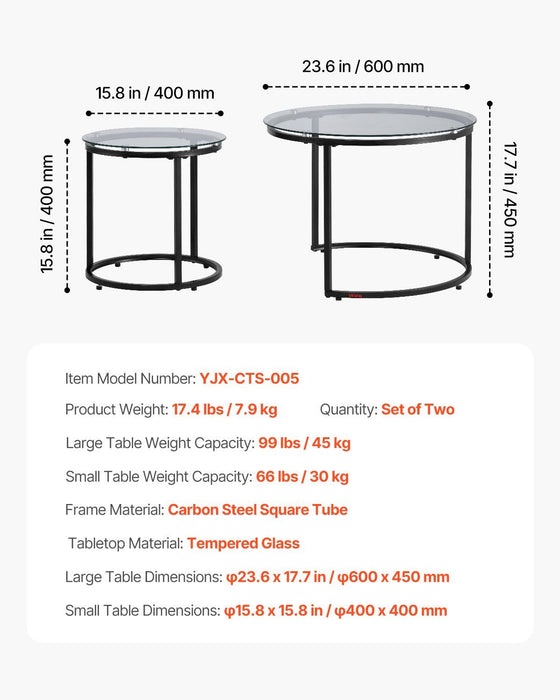 Nesting Coffee Table Set of 2, 600 mm Round Coffee Table, Glass Nesting Tables for Small Place, Modern End Side Tables Night Stand with Metal Frame, for Living Room, Bedroom, Balcony, Office