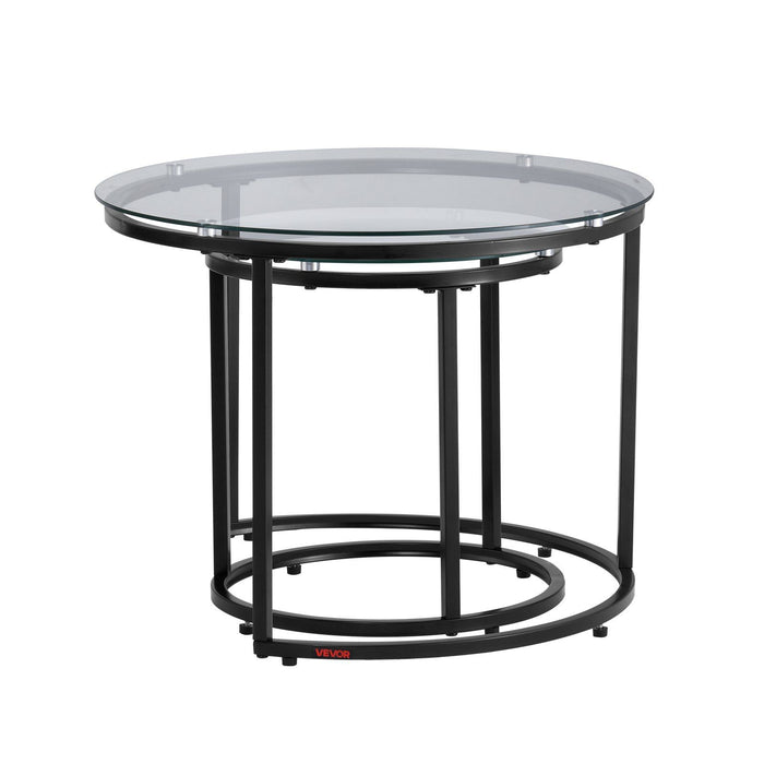 Nesting Coffee Table Set of 2, 600 mm Round Coffee Table, Glass Nesting Tables for Small Place, Modern End Side Tables Night Stand with Metal Frame, for Living Room, Bedroom, Balcony, Office