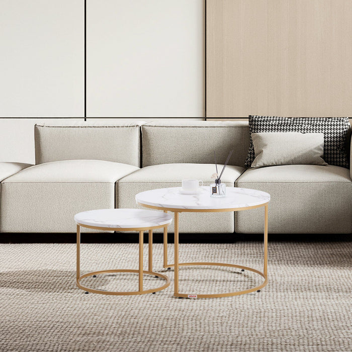Nesting Coffee Table Set of 2, 700 mm Round Coffee Table, Nesting Tables for Small Place, Vintage End Side Tables Night Stand with Metal Frame, for Living Room, Bedroom, Office (White & Gold)