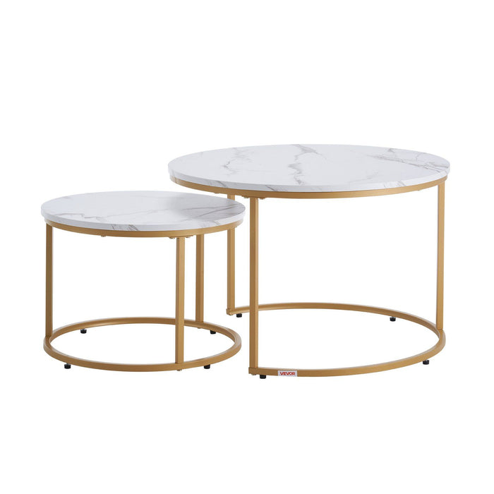 Nesting Coffee Table Set of 2, 700 mm Round Coffee Table, Nesting Tables for Small Place, Vintage End Side Tables Night Stand with Metal Frame, for Living Room, Bedroom, Office (White & Gold)