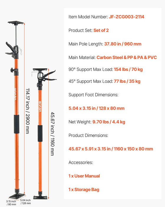 Cabinet Jack Support Pole, 2-Pack, 116-290 cm Steel Telescopic Quick Support Rod, Adjustable 3rd Hand System up to 70 kg Capacity for Installing Cabinets, Lifting Drywall, Cargo Bars