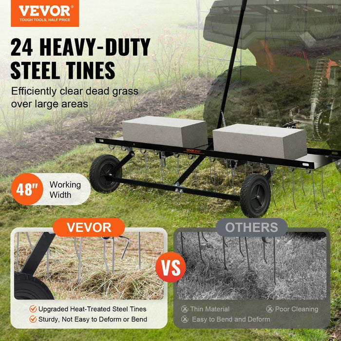 Tow Behind Dethatcher, 1219mm Tow Dethatcher with 24 Spring Steel Tines, Lawn Dethatcher Rake for ATV or Mower, Tow Behind Lawn Rake with Lift Handle for Garden Farm Grass