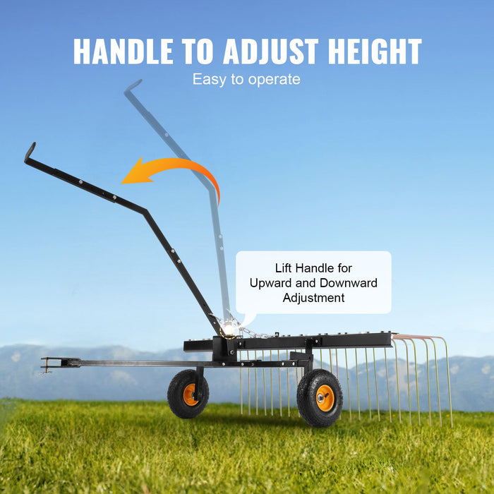 VEVOR Tow Behind Dethatcher, 1.5m Tow Dethatcher with 24 Steel Tines, Lawn Dethatcher Rake for ATV or Mower, Tow Behind Lawn Rake with Lift Handle for Leaves, Pine Needles, and Grass