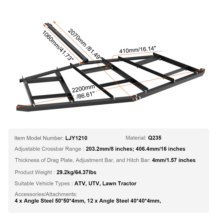 VEVOR Driveway Drag, 84" Width Tow Behind Drag Harrow, Q235 Steel Driveway Grader with Adjustable Bars, Support up to 50 lbs, Driveway Tractor Harrow for ATVs, UTVs, Garden Lawn Tractors