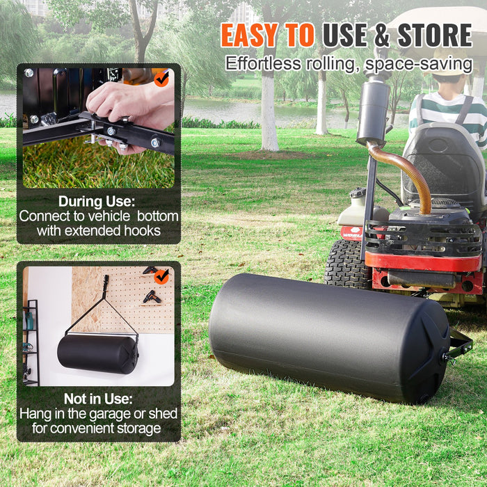 VEVOR Tow Behind Lawn Roller, 400lbs Sand/Water Filled Yard Roller, LLDPE Drum and Steel Frame Sod Roller with Easy-turn Plug, Tow Behind a Tractor or ATV for Lawn, Garden, Farm, Park, Black
