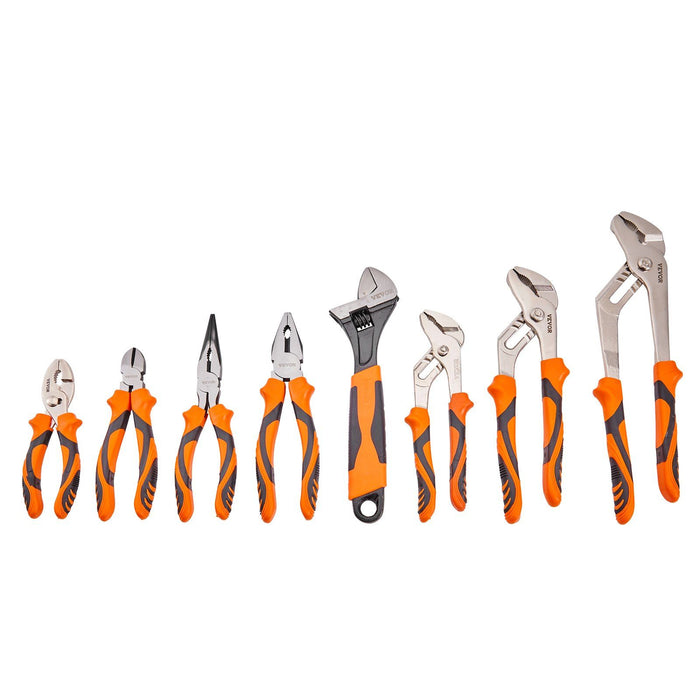 Pliers Set, 8-Piece, High Carbon Steel, 30.5cm/25.4cm/20.3cm Groove Joint Pliers, 20.3cm Linesman's Pliers, 15.2cm Slip Joint Pliers, 20.3cm Long Nose Pliers, 15.2cm Diagonal Cutter, 25.4cm Adjustable Wrench, and Tool Bag