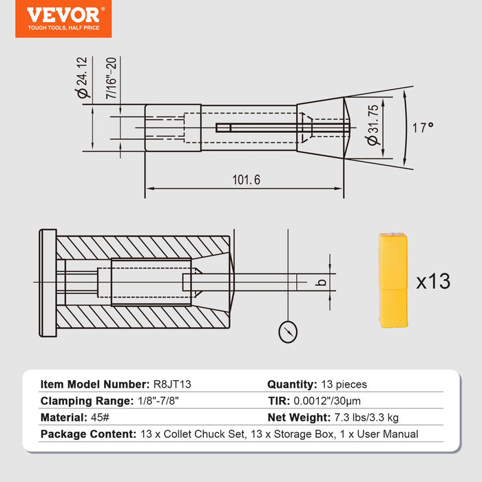 VEVOR 13 pcs Precision R8 Collet Set, 1/8'' - 7/8'', 45# Mill Collet Chuck 0.0012"/30μm TIR with 13 Labeled Storage Boxes, for Milling Machine Drill Presses Boring Machine Machining Center