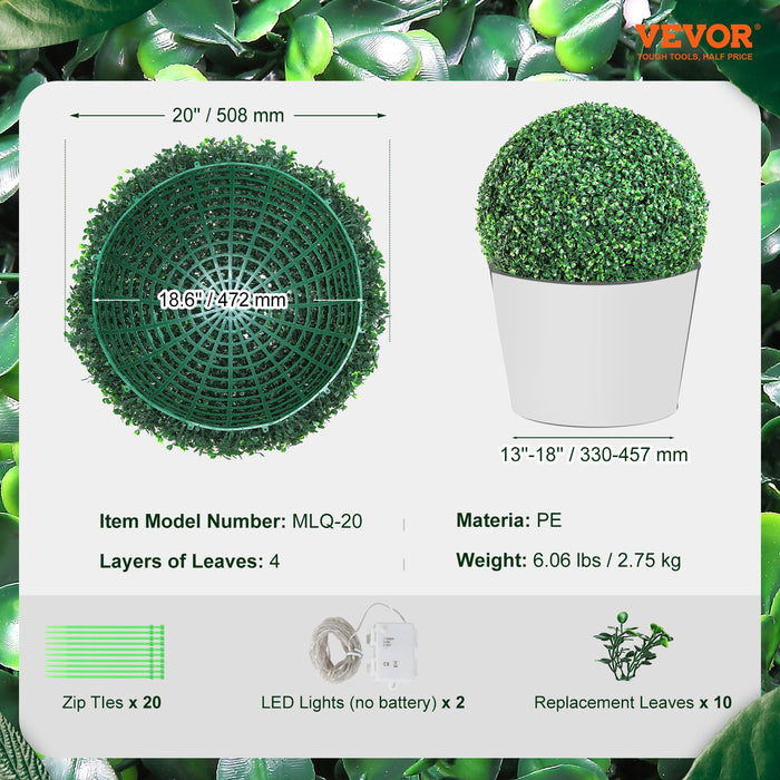 VEVOR Artificial Topiaries Boxwood Trees, (2 Pieces), Ball-Shape Faux Topiaries Plant, All-year Green Feaux Plant Decorative Balls for Backyard, Balcony,Garden, Wedding and Home