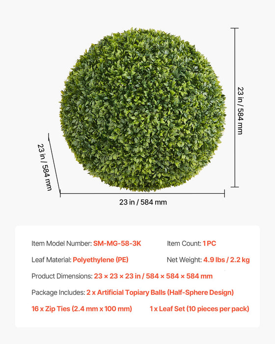 VEVOR Artificial Topiary Ball, 584mm Faux Boxwood Plant Balls, Fake Silk Tree Look Real, Easy Assembly for Decor Front Porch Outdoor Patio Garden Balcony Backyard and Indoor Home Wedding, Green