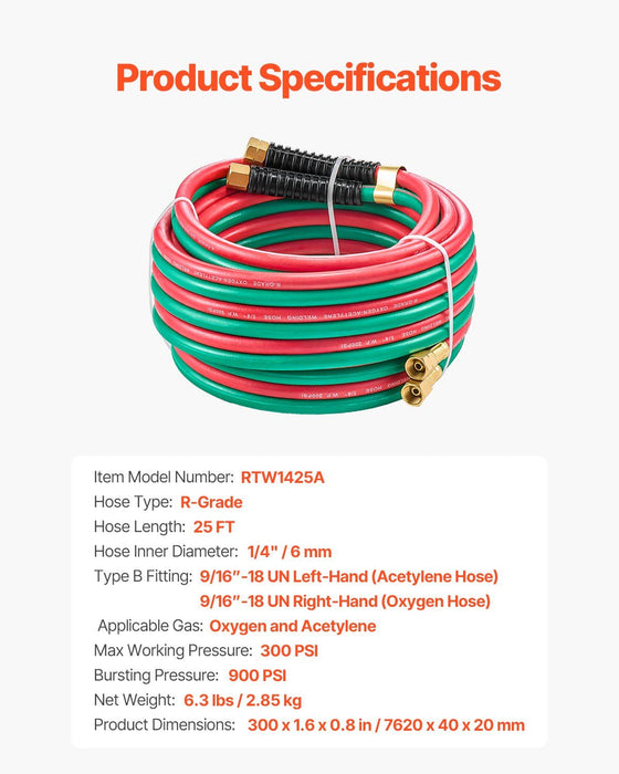 Oxygen Acetylene Hose, 1/4-Inch x 25FT Oxy Acetylene Hose with 9/16"-18 LH/RH B Fittings, R Grade Welding Torch Twin Hose with 300PSI Maximum Working Pressure for Cutting Soldering Brazing