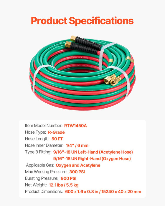 VEVOR Oxygen Acetylene Hose, 1/4-Inch x 50FT Oxy Acetylene Hose with 9/16"-18 LH/RH B Fittings, R Grade Welding Torch Twin Hose with 300PSI Maximum Working Pressure for Cutting Soldering Brazing