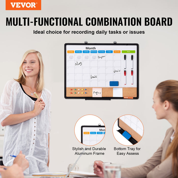 VEVOR 24"x 18" Monthly Calendar Whiteboard & Cork Board Combo with Aluminum Frame â€?2-in-1 Magnetic Dry Erase Bulletin Board for Wall Mount â€?Ideal for School, Home, Office