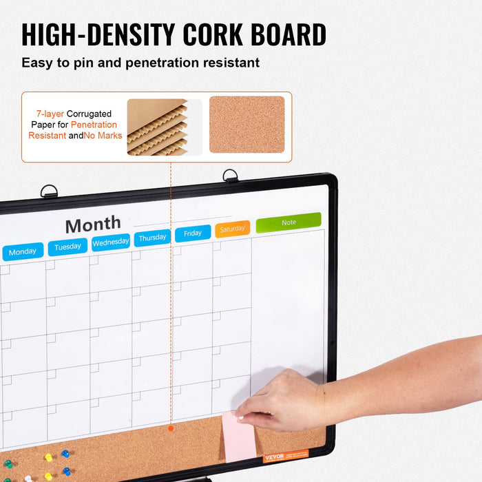 VEVOR 24"x 18" Monthly Calendar Whiteboard & Cork Board Combo with Aluminum Frame â€?2-in-1 Magnetic Dry Erase Bulletin Board for Wall Mount â€?Ideal for School, Home, Office