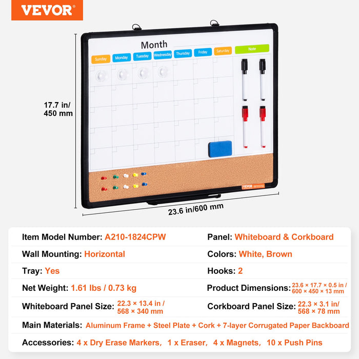 VEVOR 24"x 18" Monthly Calendar Whiteboard & Cork Board Combo with Aluminum Frame â€?2-in-1 Magnetic Dry Erase Bulletin Board for Wall Mount â€?Ideal for School, Home, Office