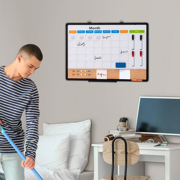 VEVOR 24"x 18" Monthly Calendar Whiteboard & Cork Board Combo with Aluminum Frame â€?2-in-1 Magnetic Dry Erase Bulletin Board for Wall Mount â€?Ideal for School, Home, Office