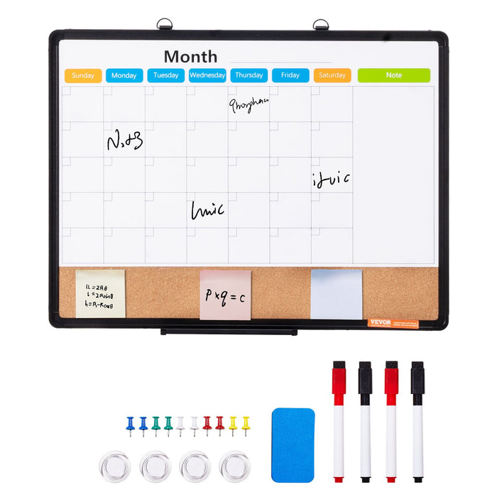 VEVOR 24"x 18" Monthly Calendar Whiteboard & Cork Board Combo with Aluminum Frame â€?2-in-1 Magnetic Dry Erase Bulletin Board for Wall Mount â€?Ideal for School, Home, Office