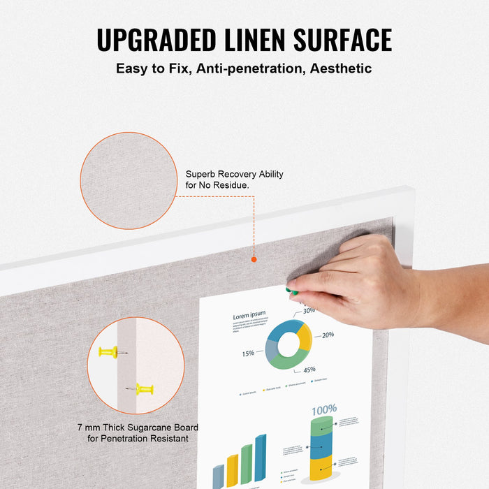 VEVOR 48"x36" White Cork Board with Linen Surface – Stylish Wall-Mounted Bulletin Board for Home, School, Office – Elegant & Functional Noticeboard