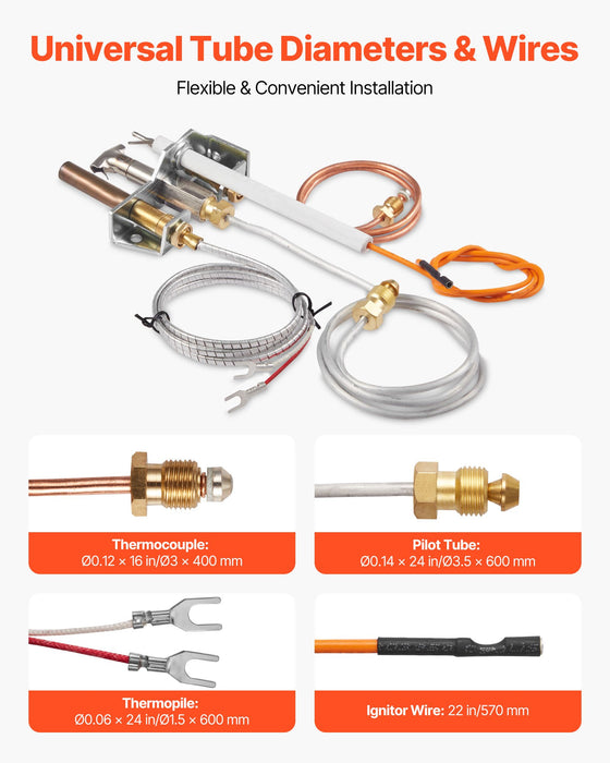 VEVOR Gas Pilot Assembly, OE 4021-732, 25660 Fireplace Gas Pilot Assembly, Natural Gas Ignition Replacement with Pilot Tube, Thermocouple, Thermopile, Wires, Compatible with Heatilator Models