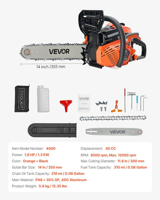 40 cc Gas Chainsaw, 355 mm Gas Powered Chainsaw, 1.3 kW Power Chain Saw with Non-Slip Handle, Gas-Powered Chainsaws with Dual Fuel Tanks, For Wood Cutting, Tree Trimming, and Land Clearing