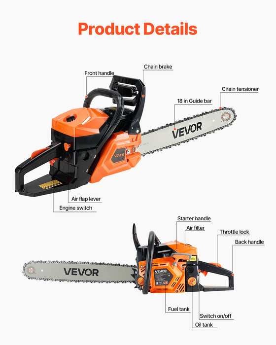 VEVOR 52cc Gas Chainsaw 1.8 kW Gas Powered 455 mm Chainsaw For Wood Cutting