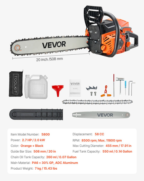 VEVOR 58 cc Gas Chainsaw, 508 mm Gas Powered Chainsaw, 2.0 kW Power Chain Saw with Non-Slip Handle, Gas-Powered Chainsaws with Dual Fuel Tanks, For Wood Cutting, Tree Trimming, and Land Clearing