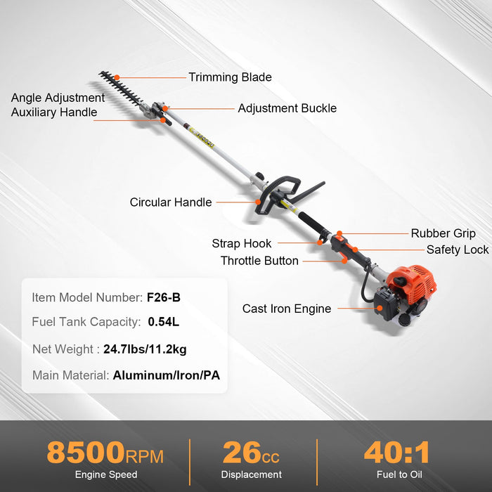 VEVOR 15.7-inch 26CC 2 Cycle Gas Hedge Trimmer, Gas Powered Pole Hedge Trimmer with Dual Sided Dual Action Blade, Adjustable Trimmer Head, Suitable for Trimming Shrubs, Bushes