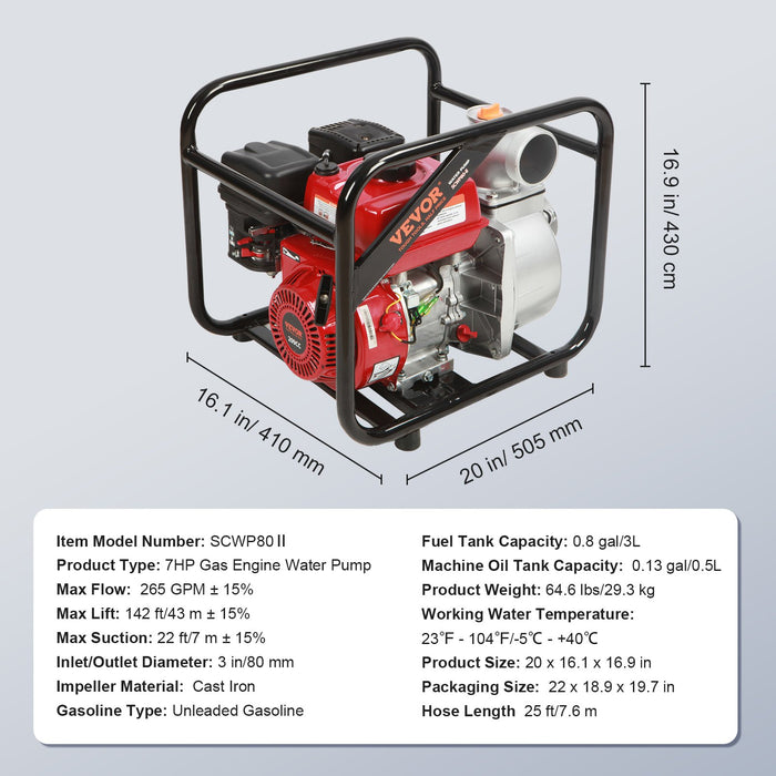 VEVOR Gasoline Engine Water Pump, 80 mm, 7HP 265 GPM, 43 m Lift, 7 m Suction, 4-Stroke Gas Powered Trash Water Transfer Pump Portable High Pressure with 25ft Hose for Irrigation Pool, EPA Certified