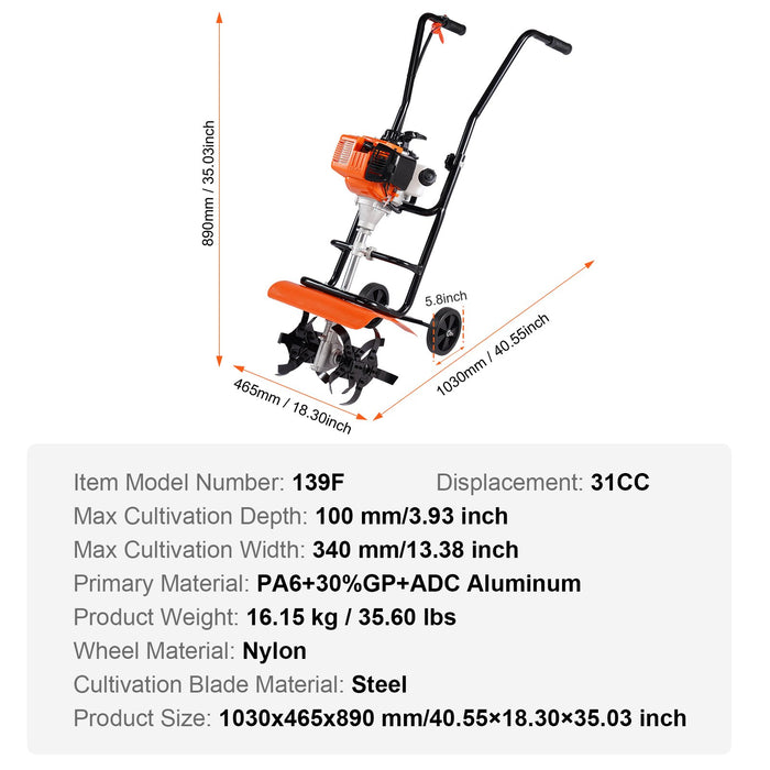 VEVOR Tiller Cultivator Gas Powered, 38CC 4-Stroke Garden Cultivator, Tiller with 4 Steel Adjustable Front Tines for Lawn, Garden and Field Soil Cultivation
